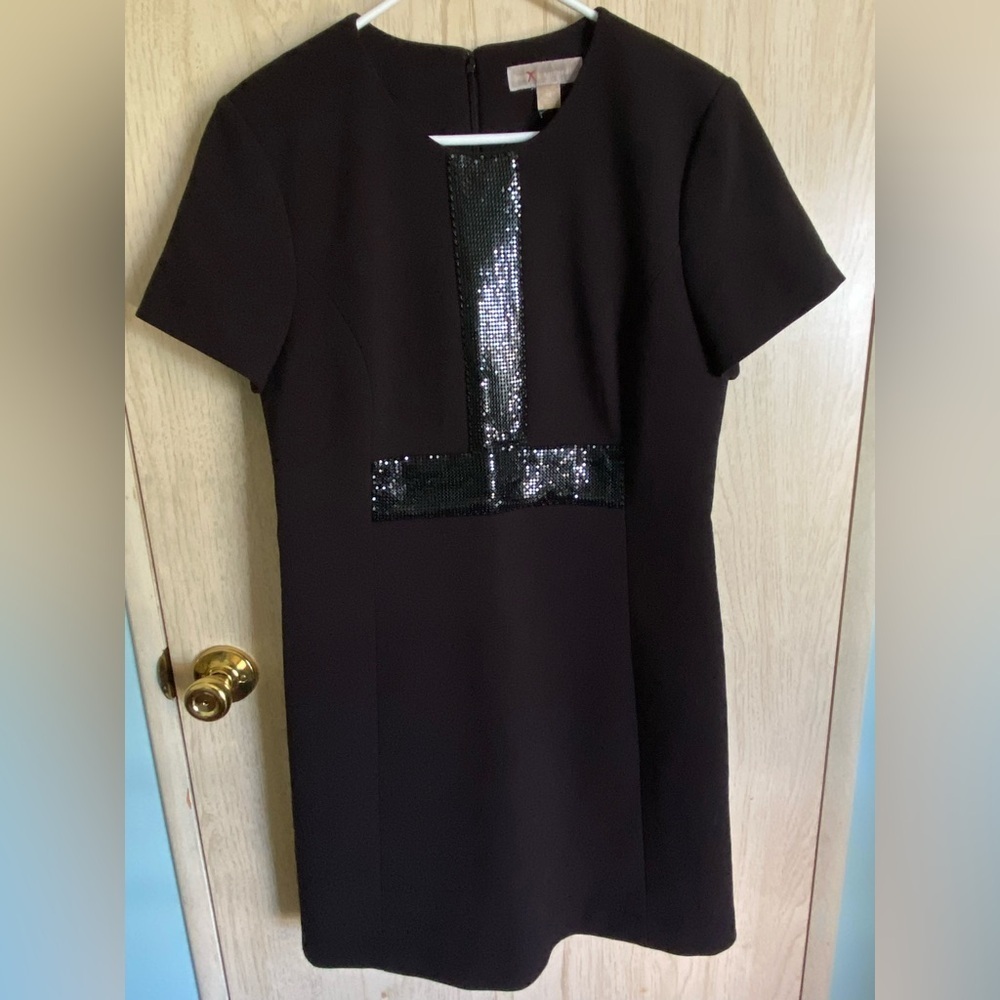 Michael KORS Black Structured Crepe Dress with metallic Mesh Front Sz 12